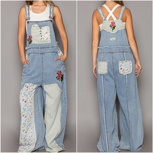 POL Blue Floral Patchwork Women Jeans Overalls